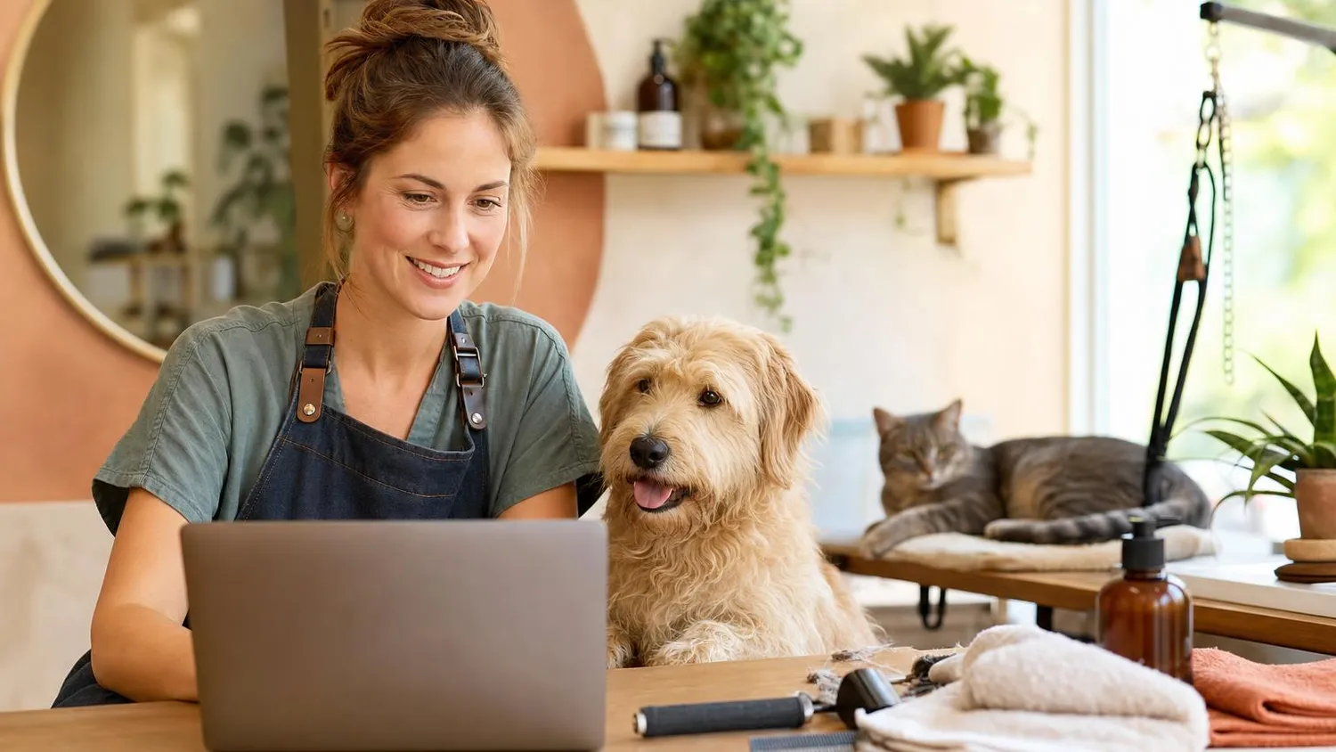 Professionnelle animalière consultant la visibilité en ligne de son activité sur un ordinateur portable, un chien à ses côtés