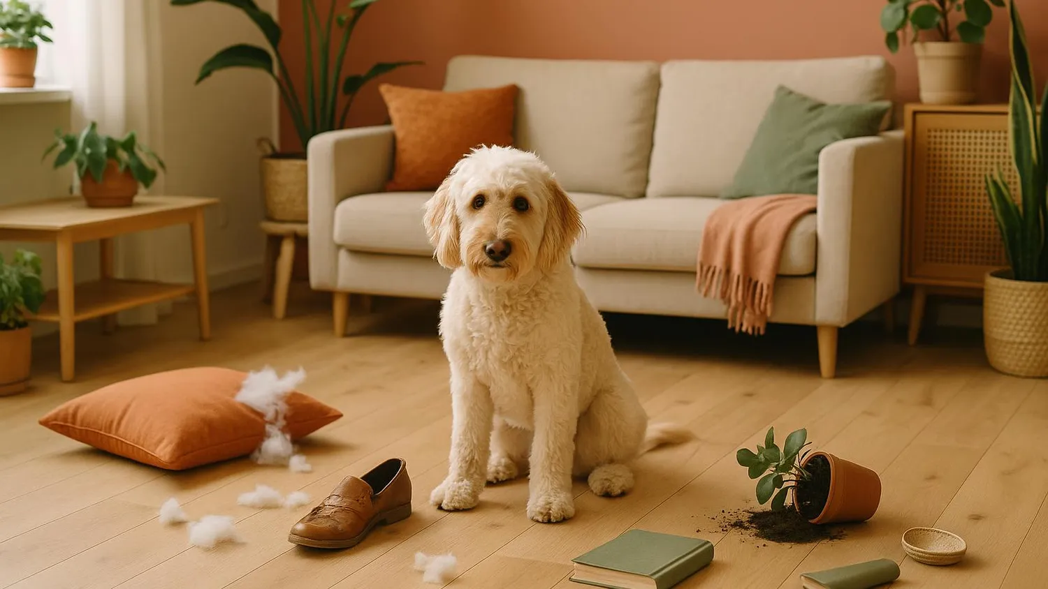 Chien joueur au milieu d'un salon, coussin éventré et objets renversés autour de lui