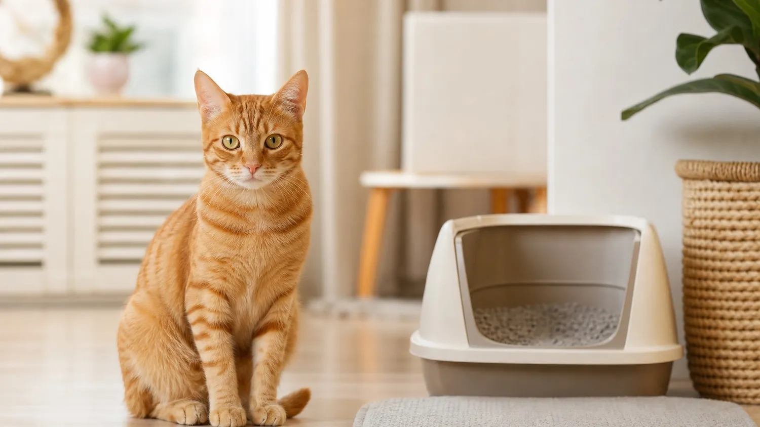 Chat roux assis pensif à côté de sa litière dans un intérieur lumineux