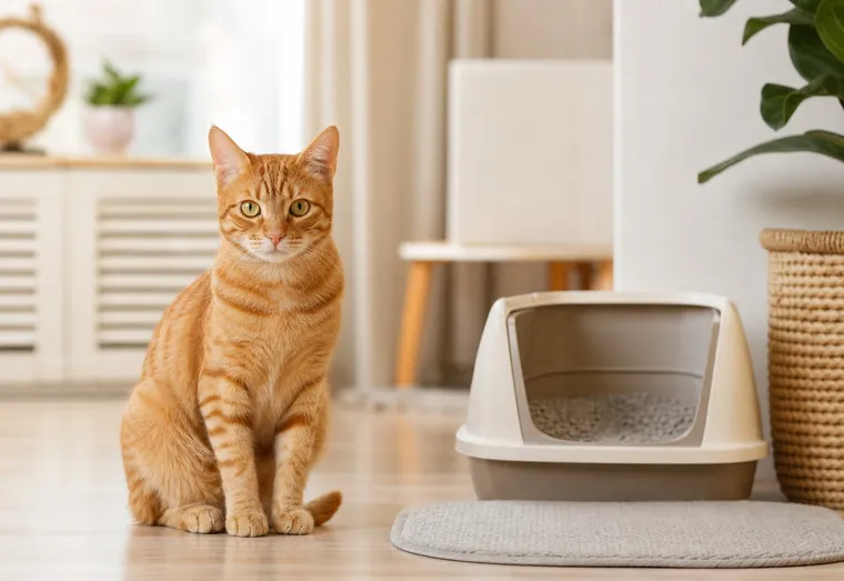 Chat roux assis pensif à côté de sa litière dans un intérieur lumineux