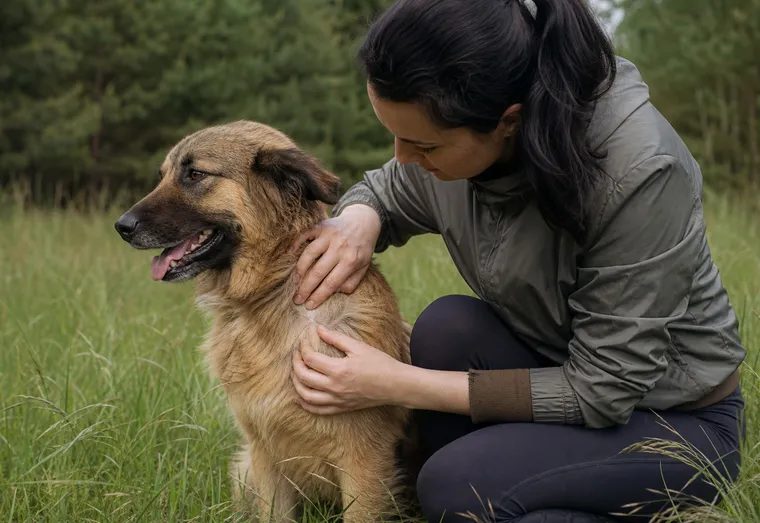 Gros plan sur le pelage d'un chien pendant une inspection à la recherche de tiques dans l'herbe