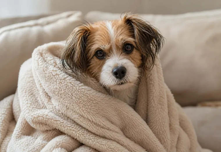 Petit chien qui tremble, enveloppé dans une couverture, regard inquiet vers son maître