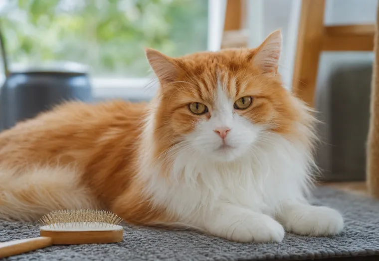 Chat à poil long roux et blanc allongé pendant une séance de brossage avec une brosse à poils