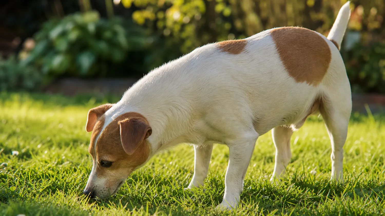 Chien brun broutant de l'herbe verte dans un jardin ensoleillé