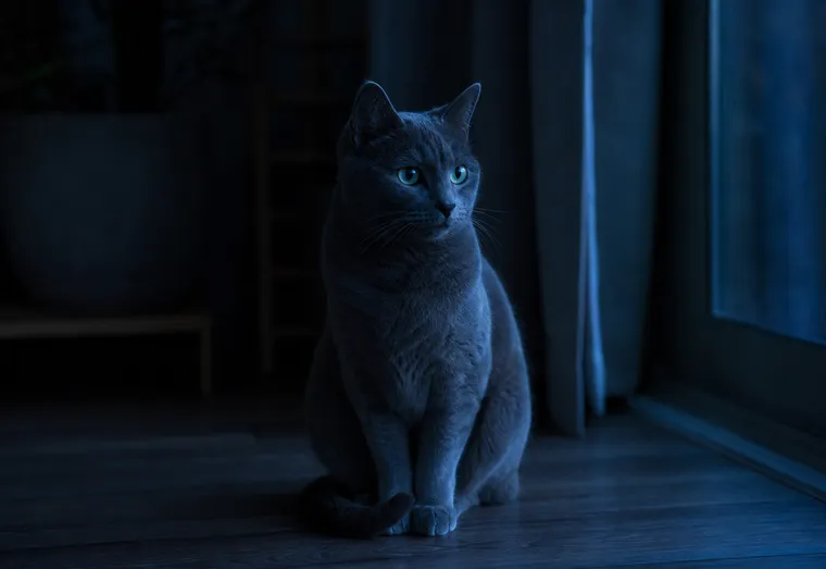 Chat gris assis dans l'obscurité, éclairé par la lumière bleutée de la nuit