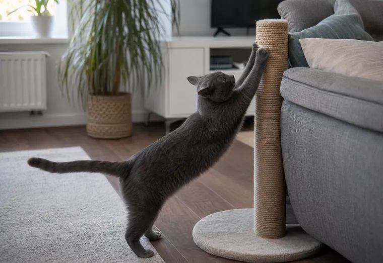 Chat gris griffant un griffoir en corde de sisal près d'un canapé en tissu