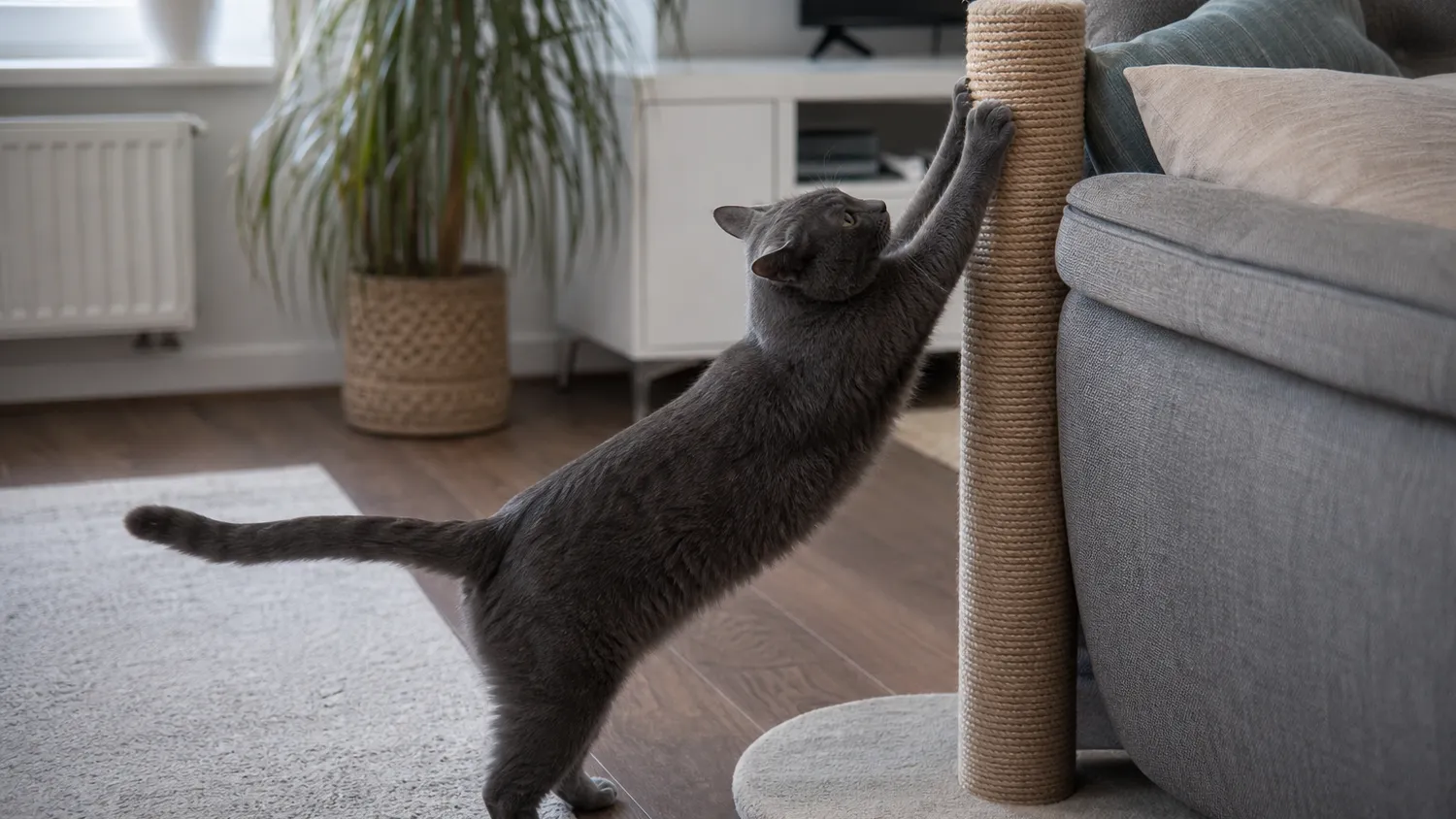 Chat gris griffant un griffoir en corde de sisal près d'un canapé en tissu