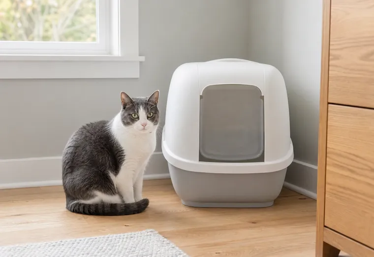 Chat gris et blanc assis à côté d'un bac à litière propre, dans un coin de maison lumineux et rangé