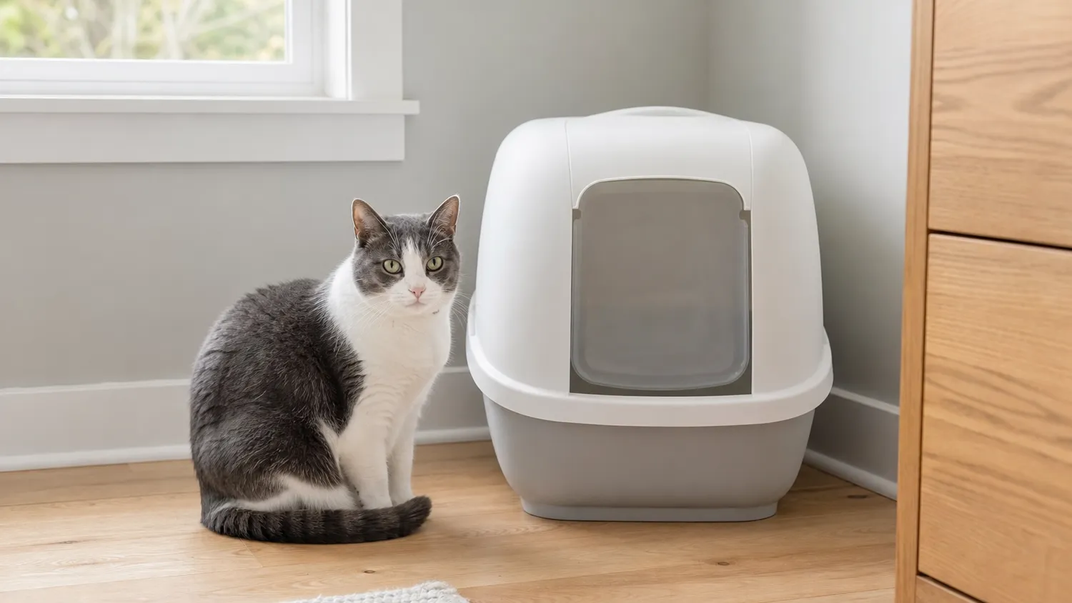 Chat gris et blanc assis à côté d'un bac à litière propre, dans un coin de maison lumineux et rangé