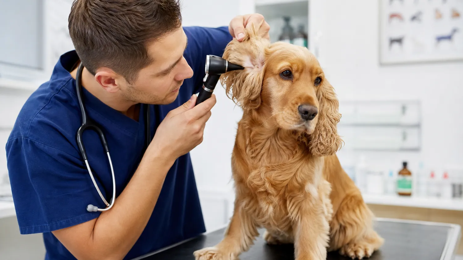Vétérinaire examinant délicatement l'oreille d'un chien à l'aide d'un otoscope dans un cabinet lumineux