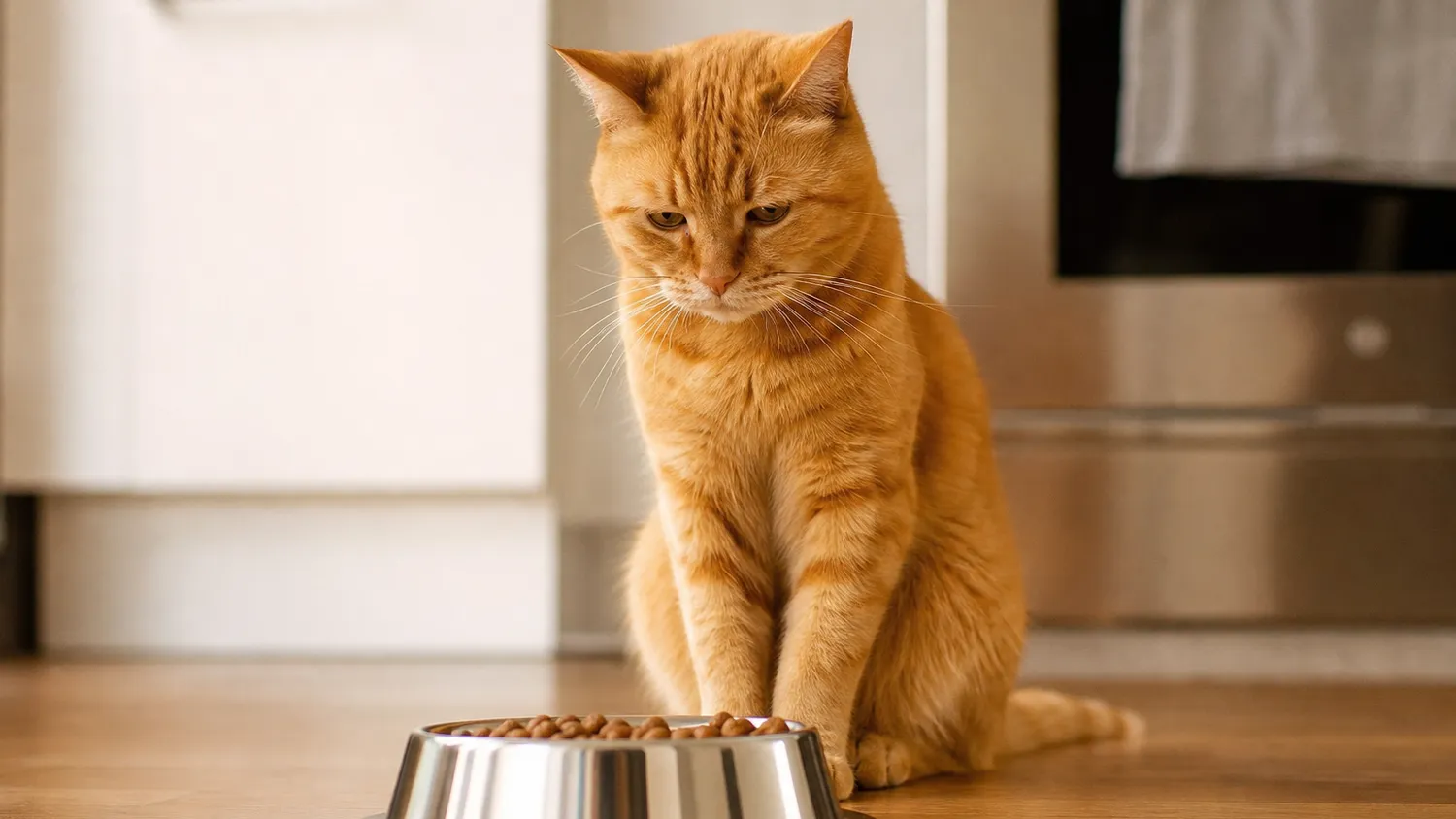 Chat au pelage roux assis devant une gamelle de croquettes intacte, l'air abattu, dans une cuisine baignée de lumière naturelle