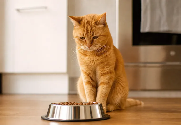 Chat au pelage roux assis devant une gamelle de croquettes intacte, l'air abattu, dans une cuisine baignée de lumière naturelle