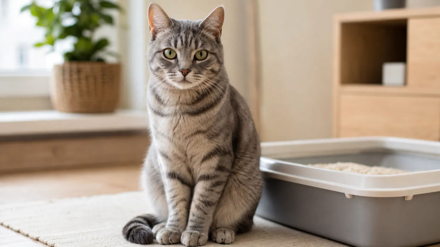 Chat gris assis près de sa litière, l'air tendu, dans un intérieur lumineux