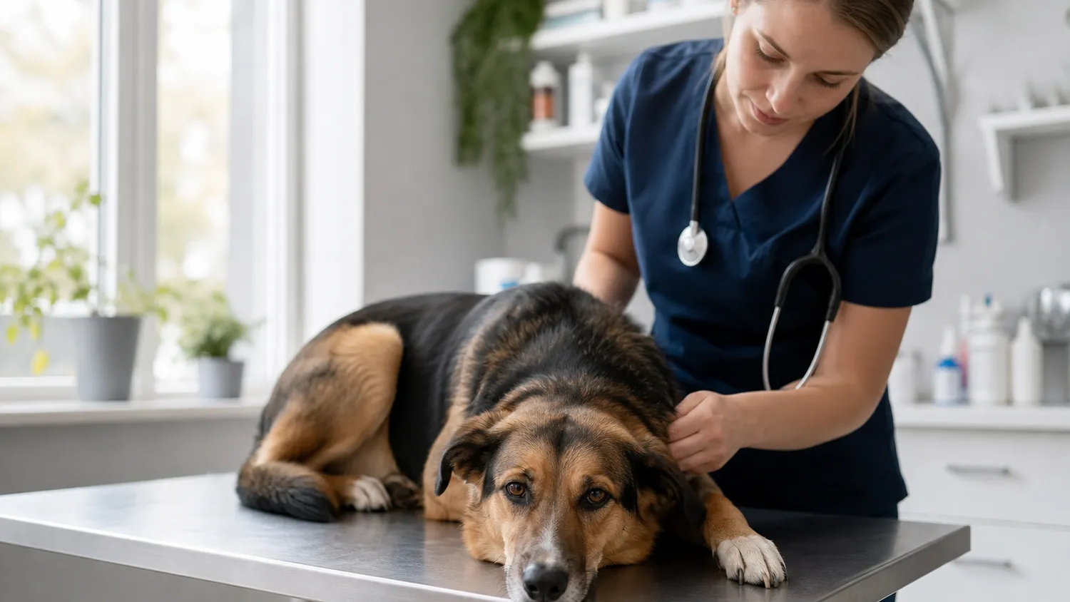 Chien couché sur le sol d'une salle d'examen vétérinaire, l'air fatigué, pendant une consultation