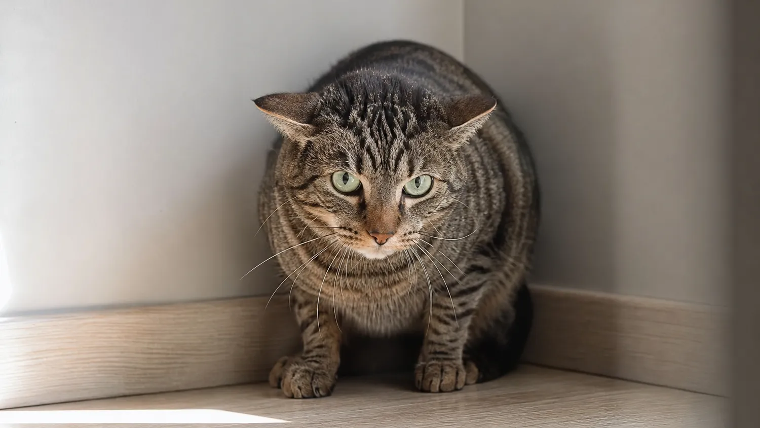 Chat tigré aux oreilles couchées, posture tendue, observant depuis un coin d'une pièce