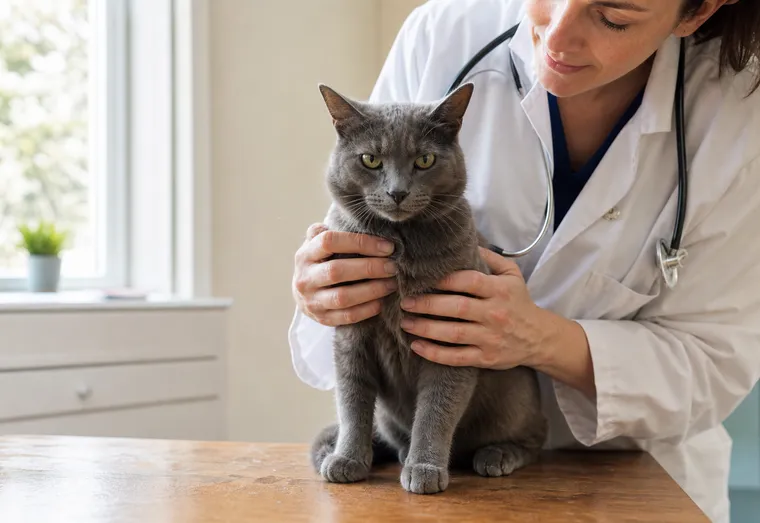 Chat aux poils gris assis sur une table de consultation vétérinaire, gueule légèrement ouverte, examiné avec attention
