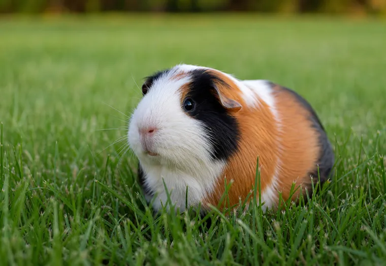 Cochon d'inde au pelage tricolore assis dans l'herbe, lumière naturelle douce