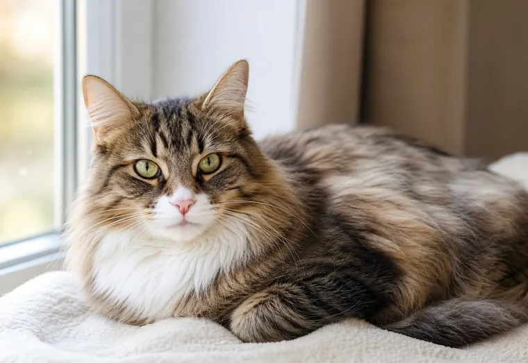 Chat adulte au pelage soyeux allongé près d'une fenêtre baignée de lumière naturelle