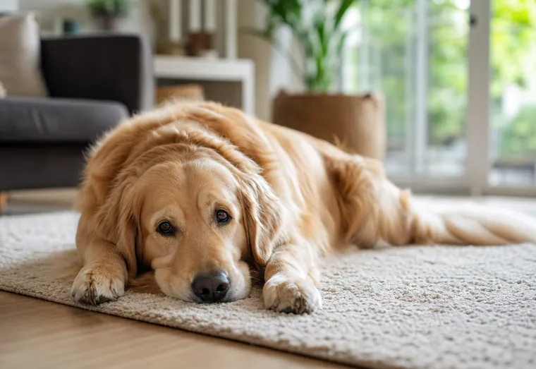 Chien allongé au calme sur un tapis dans un salon lumineux, museau posé sur les pattes