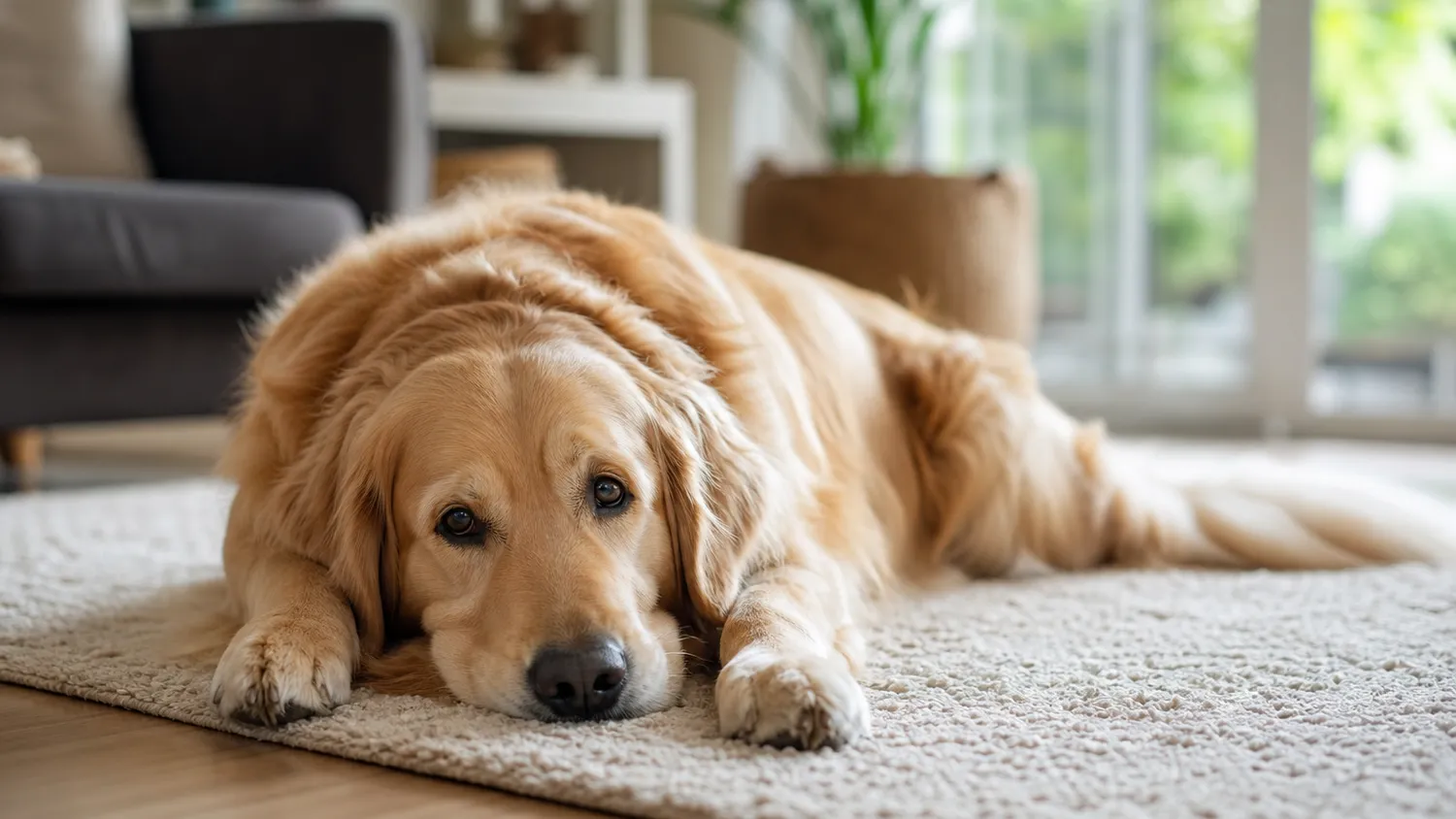 Chien allongé au calme sur un tapis dans un salon lumineux, museau posé sur les pattes