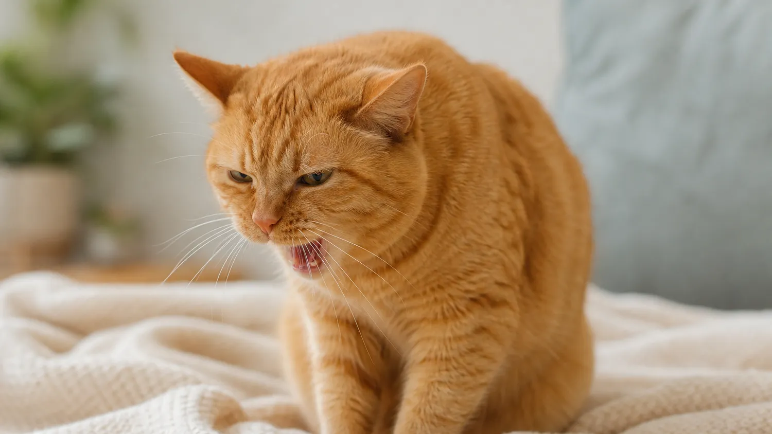 Chat au pelage roux assis sur un plaid, cou légèrement tendu vers l'avant dans un mouvement de toux