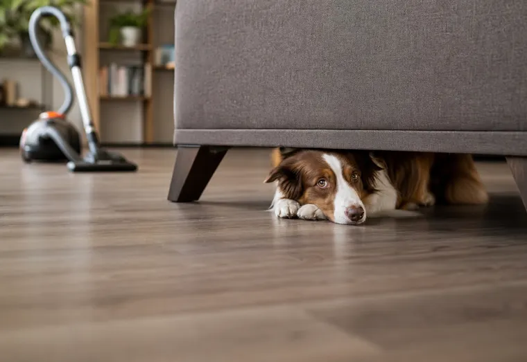 Chien couché derrière un canapé, oreilles couchées et regard inquiet, alors qu'un aspirateur est visible dans la pièce