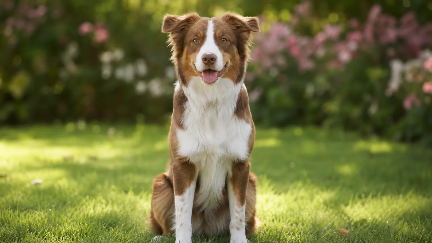 Chien adulte au pelage brillant assis dans un jardin ensoleillé, l'air alerte et en bonne santé