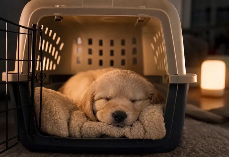 Chiot au pelage beige endormi paisiblement dans une caisse de transport garnie d'une couverture douce