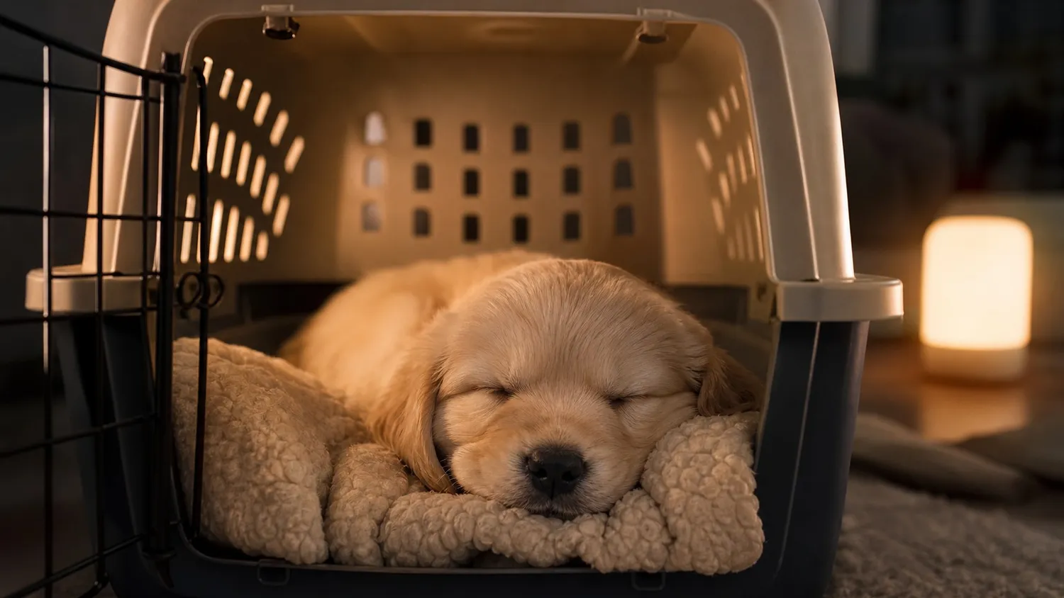 Chiot au pelage beige endormi paisiblement dans une caisse de transport garnie d'une couverture douce