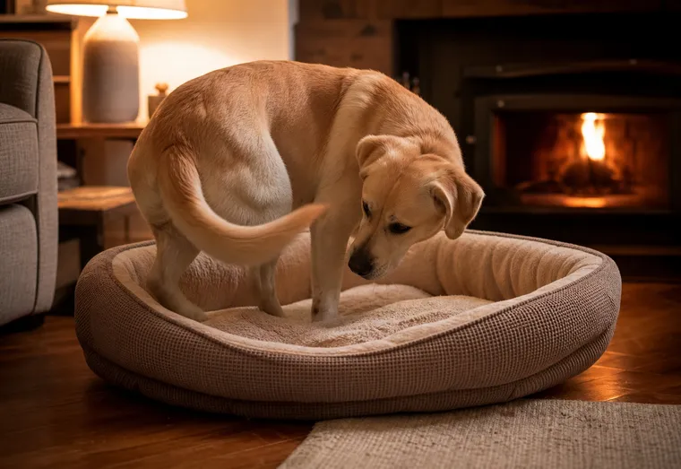 Chien beige qui tourne en rond sur son panier moelleux avant de s'installer pour dormir, intérieur chaleureux