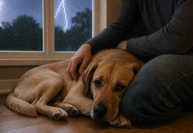 Chien couché au sol, oreilles baissées, blotti contre son maître pendant un orage