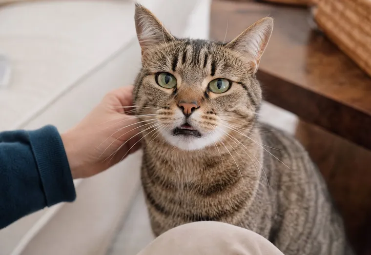 Chat gris assis, gueule légèrement ouverte, examiné de près par son maître à la lumière du jour