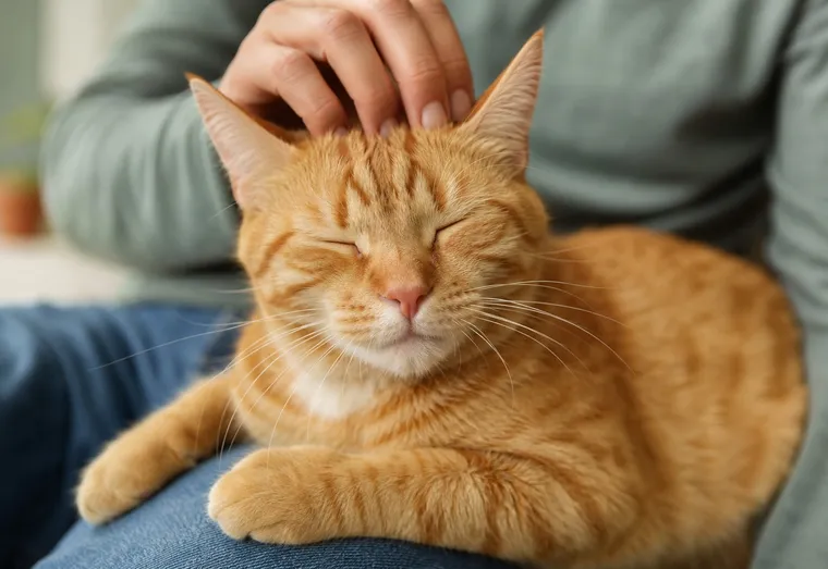 Chat aux oreilles légèrement couchées observant la main de son maître qui s'approche pour le caresser