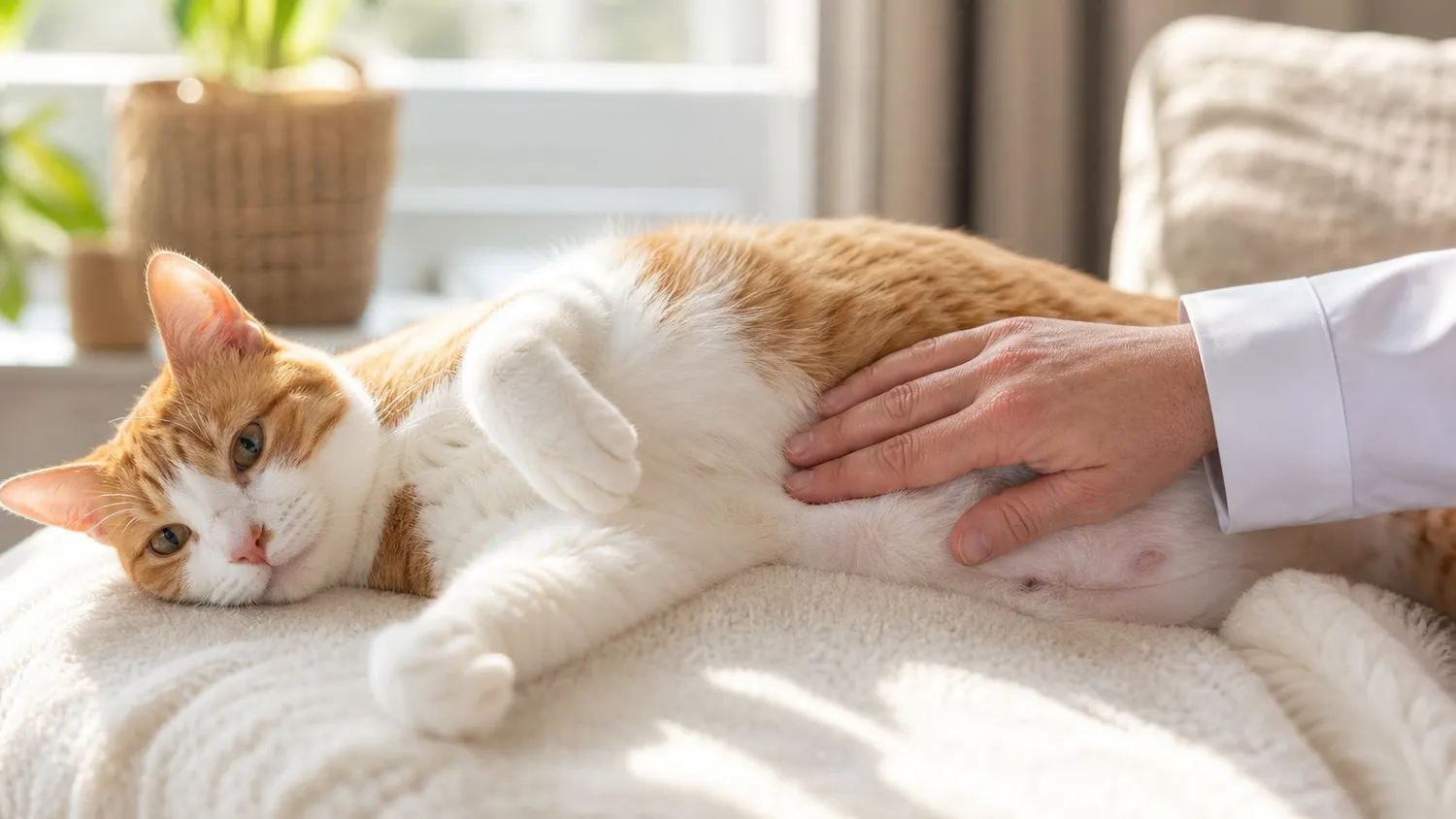 Chat allongé sur le flanc, ventre visiblement gonflé, examiné avec attention par son maître