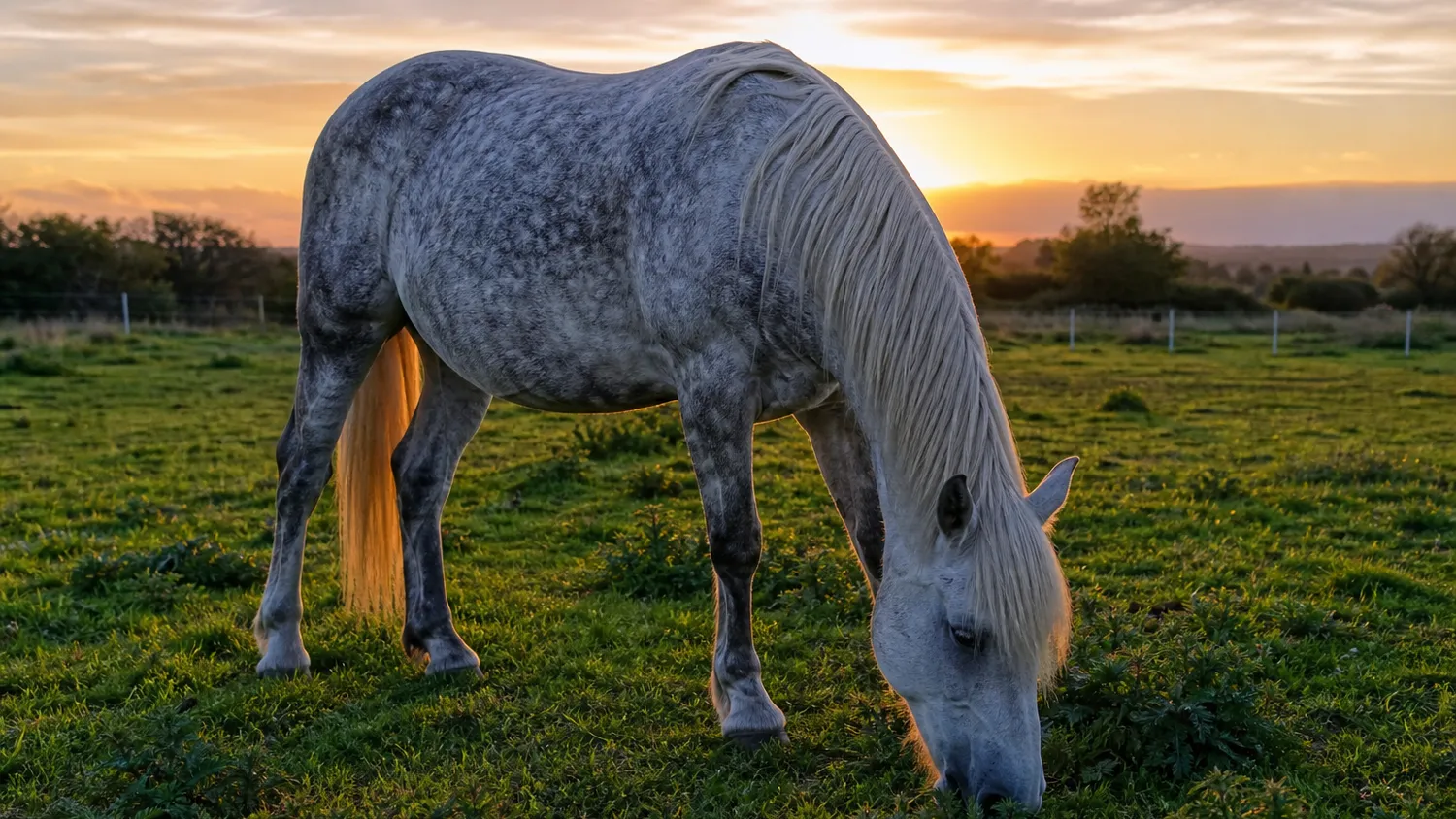 Cheval âgé au pelage grisonnant broutant paisiblement dans un pré au soleil couchant