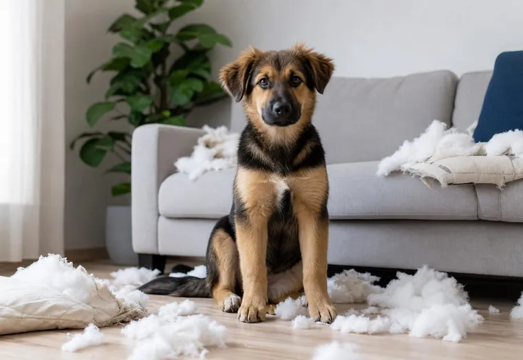 Jeune chien assis au milieu d'un salon avec un coussin déchiqueté et de la mousse éparpillée sur le sol
