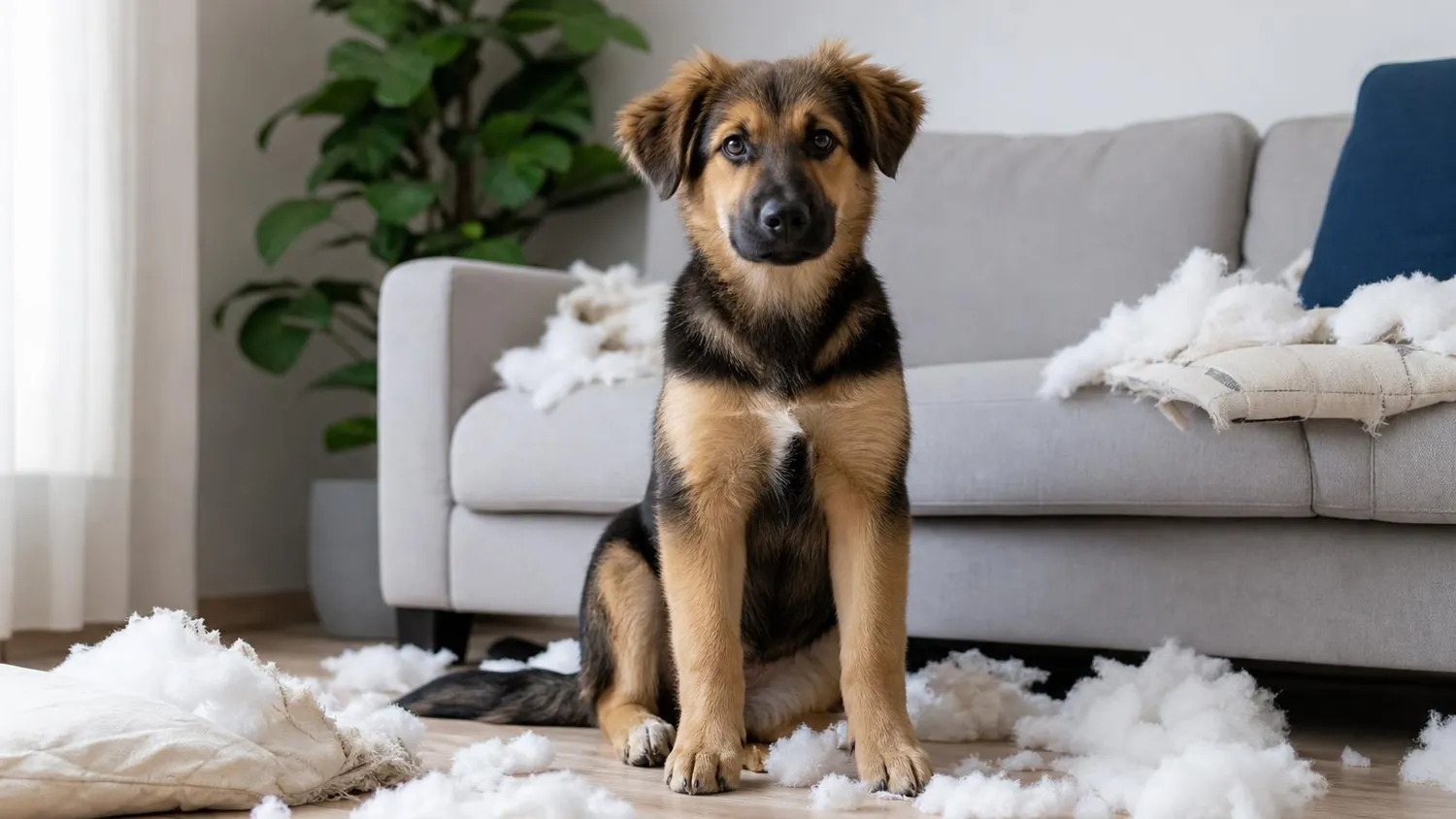 Jeune chien assis au milieu d'un salon avec un coussin déchiqueté et de la mousse éparpillée sur le sol