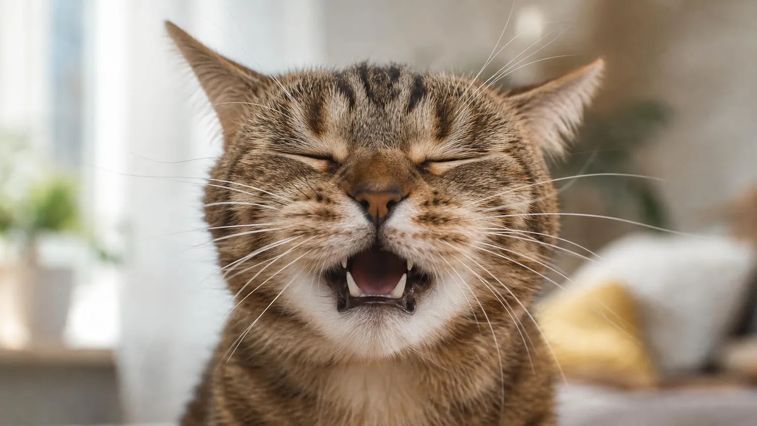 Chat tigré au museau levé en plein éternuement dans un salon baigné de lumière naturelle