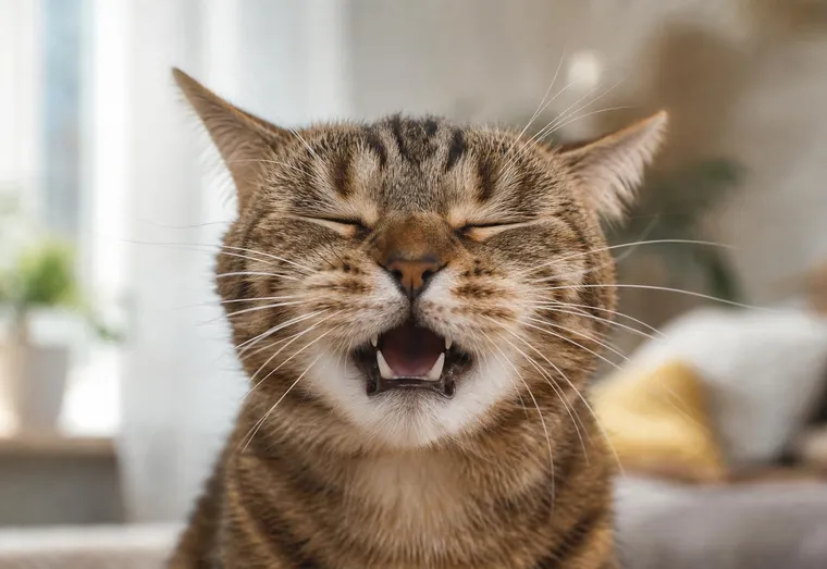 Chat tigré au museau levé en plein éternuement dans un salon baigné de lumière naturelle