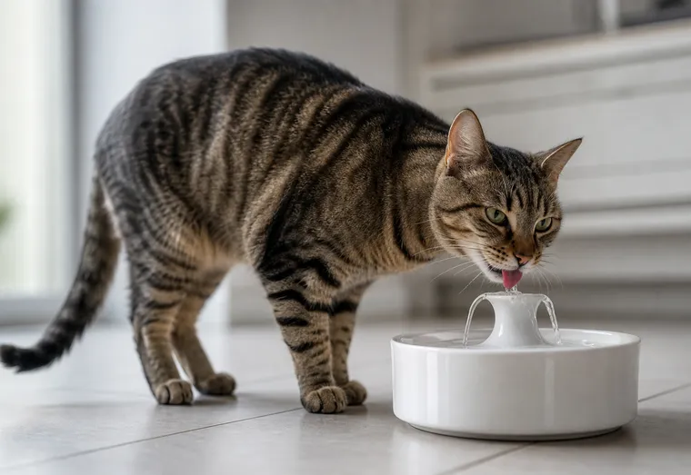 Chat tigré buvant de l'eau à une fontaine à eau posée sur le carrelage d'une cuisine
