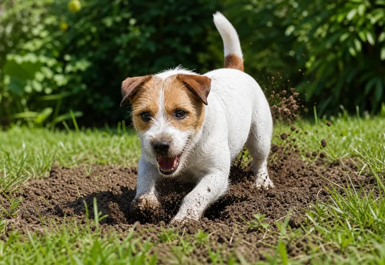 Chien de type terrier en train de creuser un trou dans la terre d'un jardin