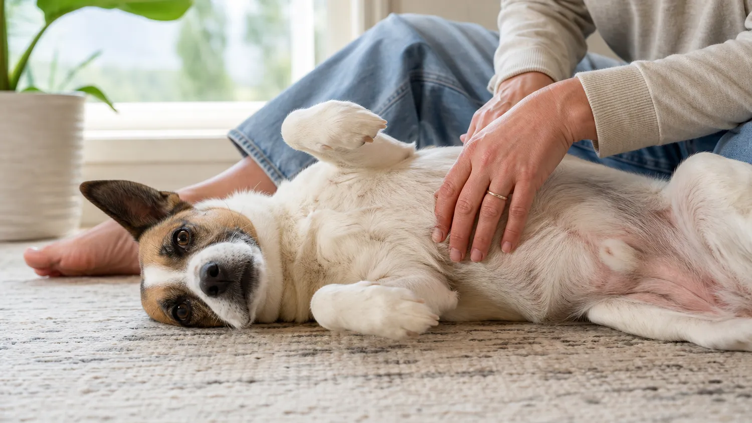 Chien couché sur le dos, ventre exposé, avec le vétérinaire qui examine délicatement sa peau
