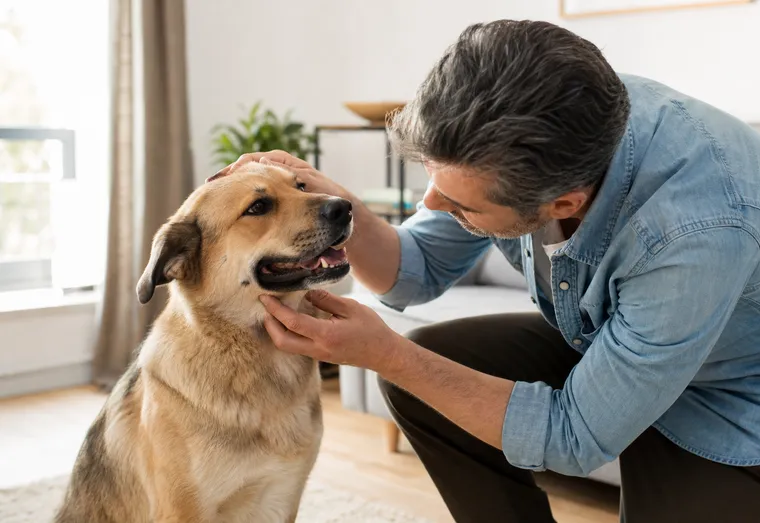 Chien de taille moyenne assis, gueule légèrement ouverte, examiné avec attention par son maître à la lumière naturelle