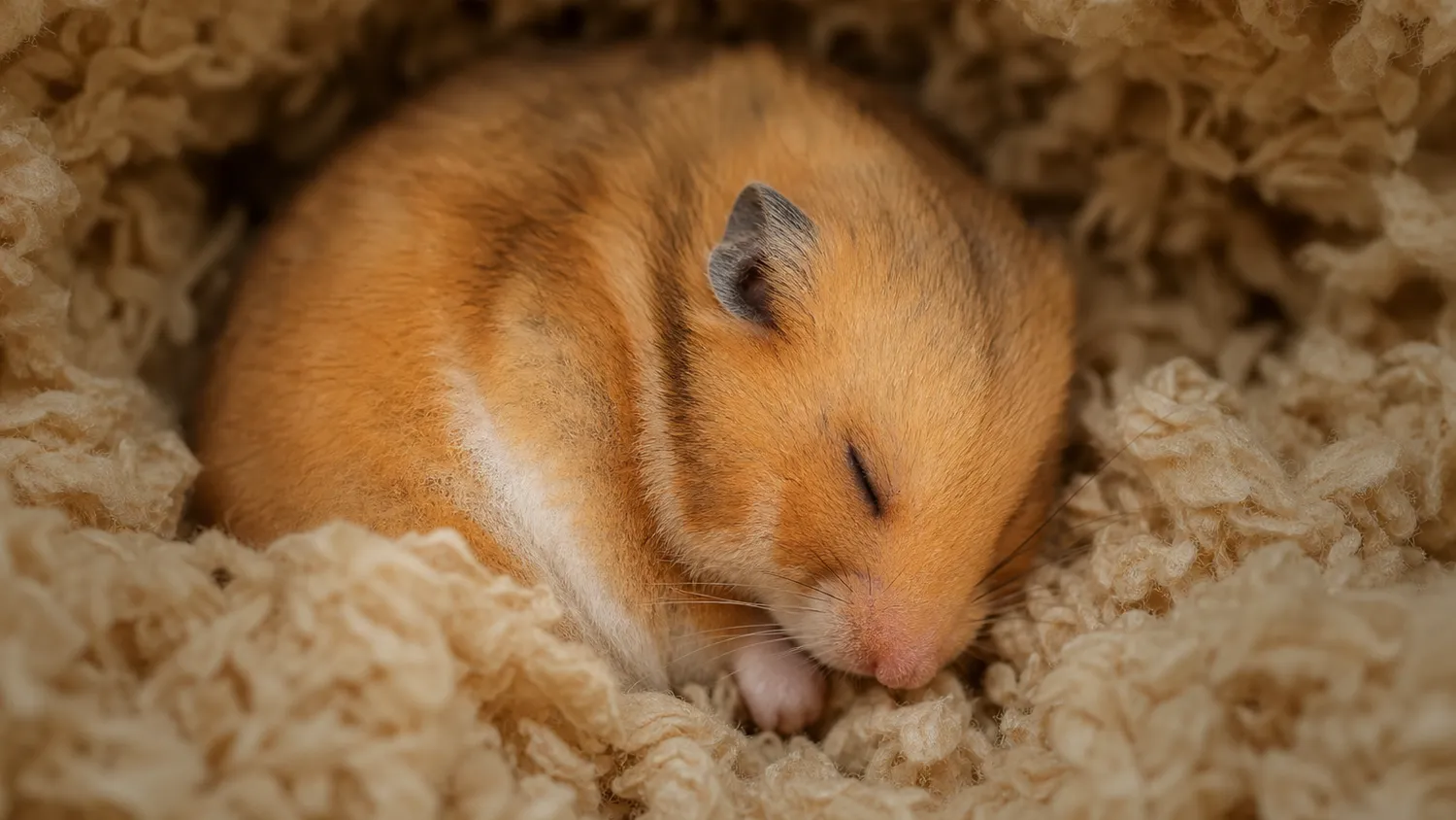 Hamster doré immobile, recroquevillé dans un nid de litière, gros plan en lumière douce