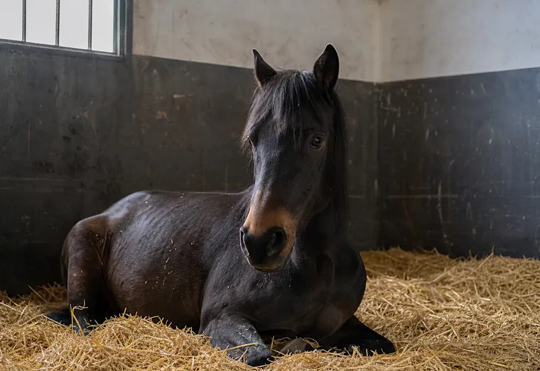 Cheval couché dans la paille d'un box, tête relevée, en pleine lumière naturelle