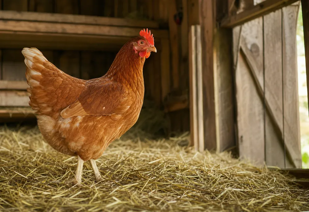Poule rousse dans un poulailler en bois, entourée de paille, en pleine lumière naturelle