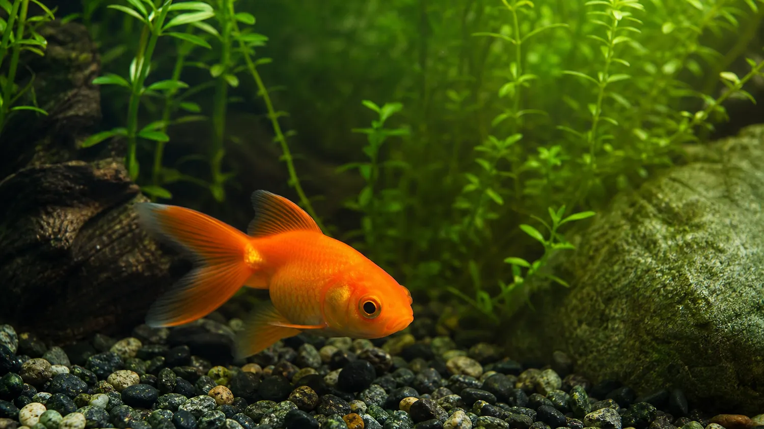 Poisson rouge orange nageant près du fond d'un aquarium planté, lumière douce filtrant dans l'eau