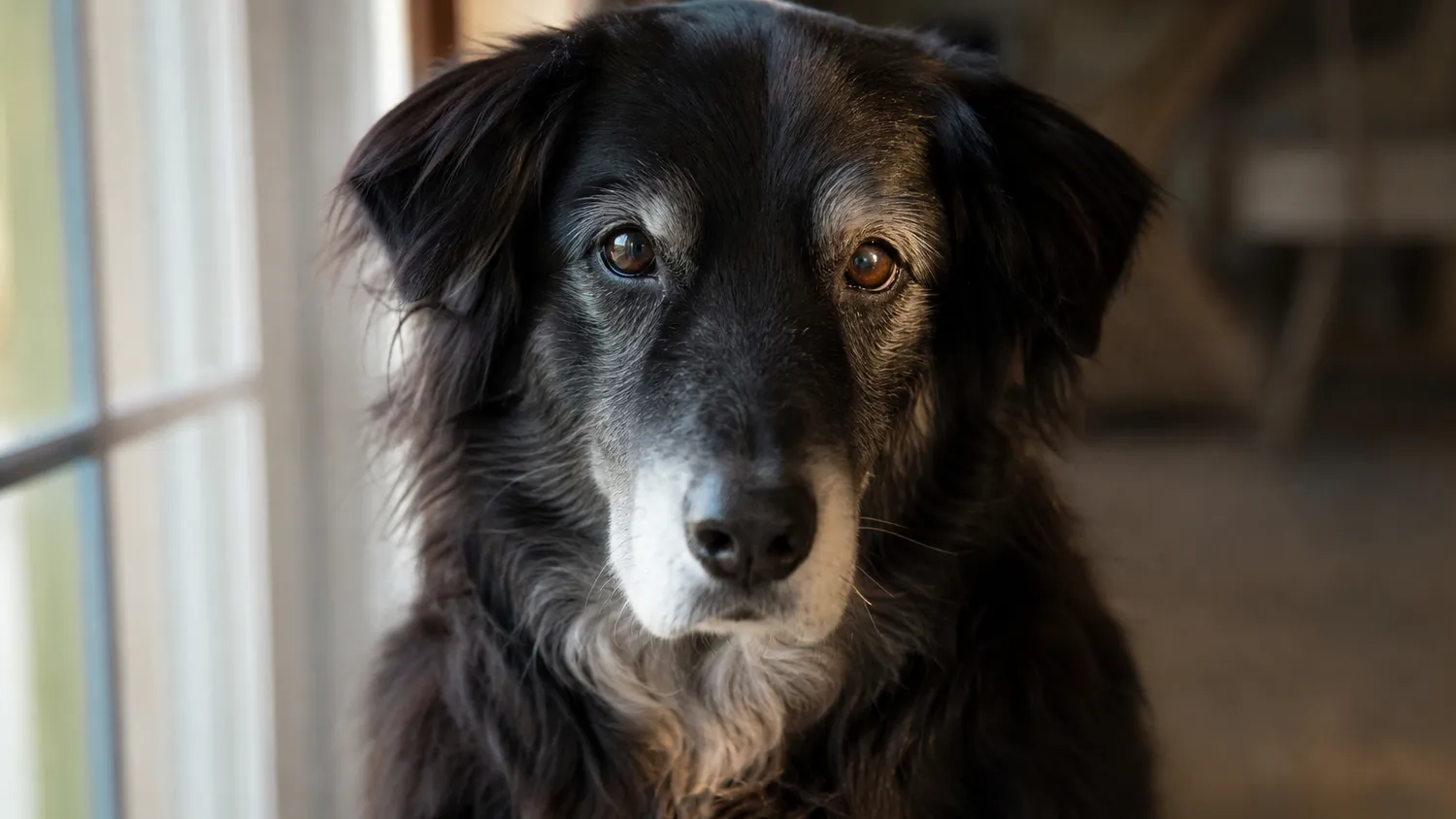 Chien senior au pelage grisonnant, regard doux tourné vers l'objectif, lumière naturelle chaleureuse