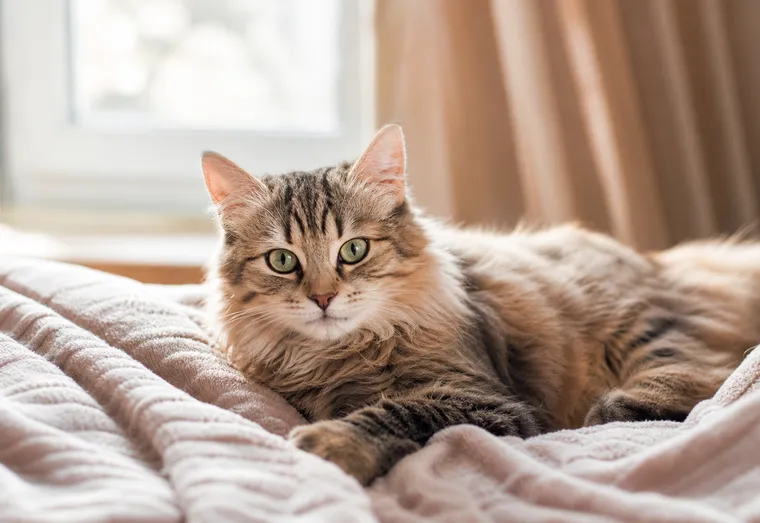 Chat au pelage soyeux allongé calmement sur une couverture, observé de près en lumière naturelle douce