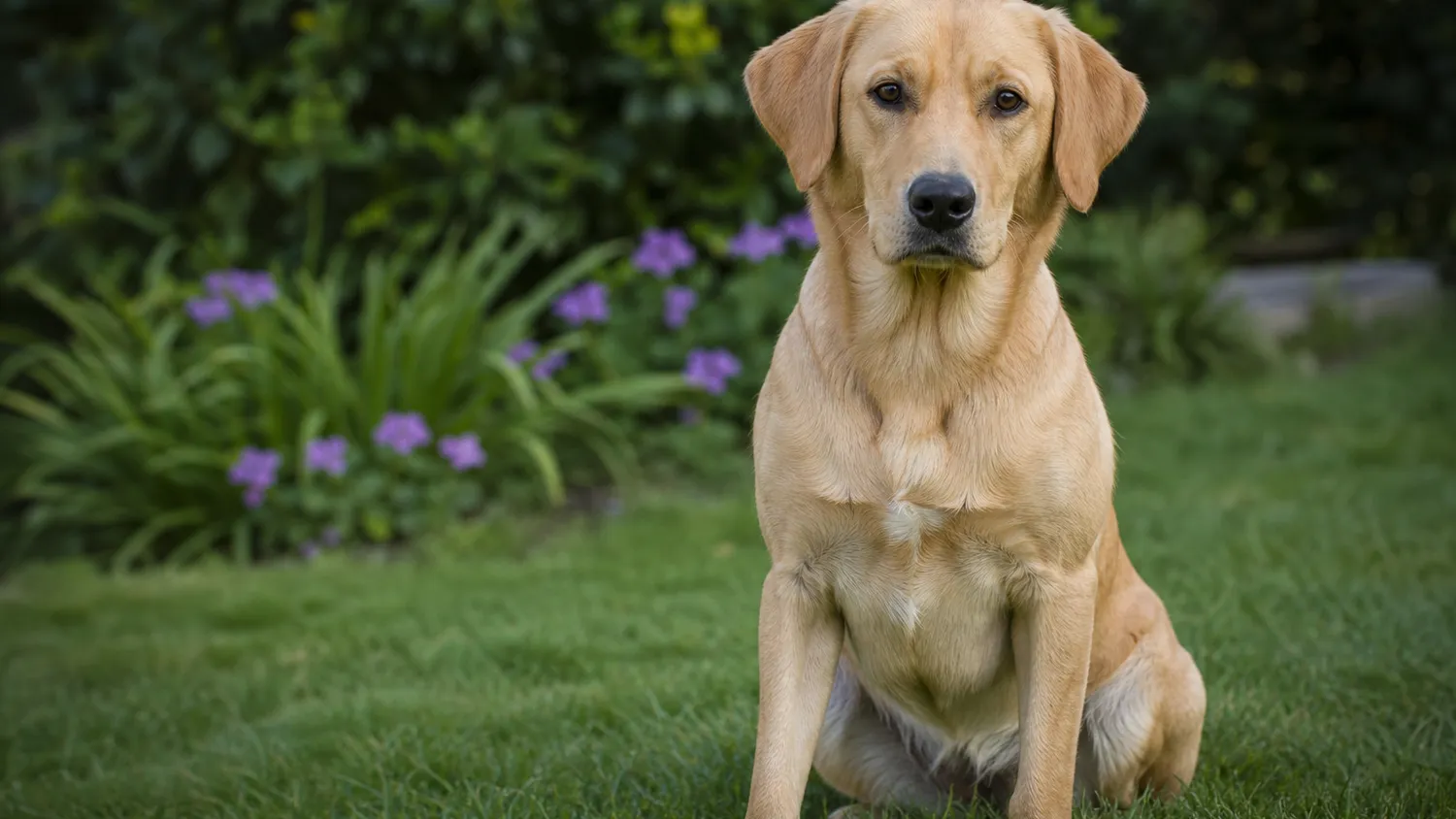 Chien attentif assis sur l'herbe dans un jardin, observé de près en lumière naturelle douce
